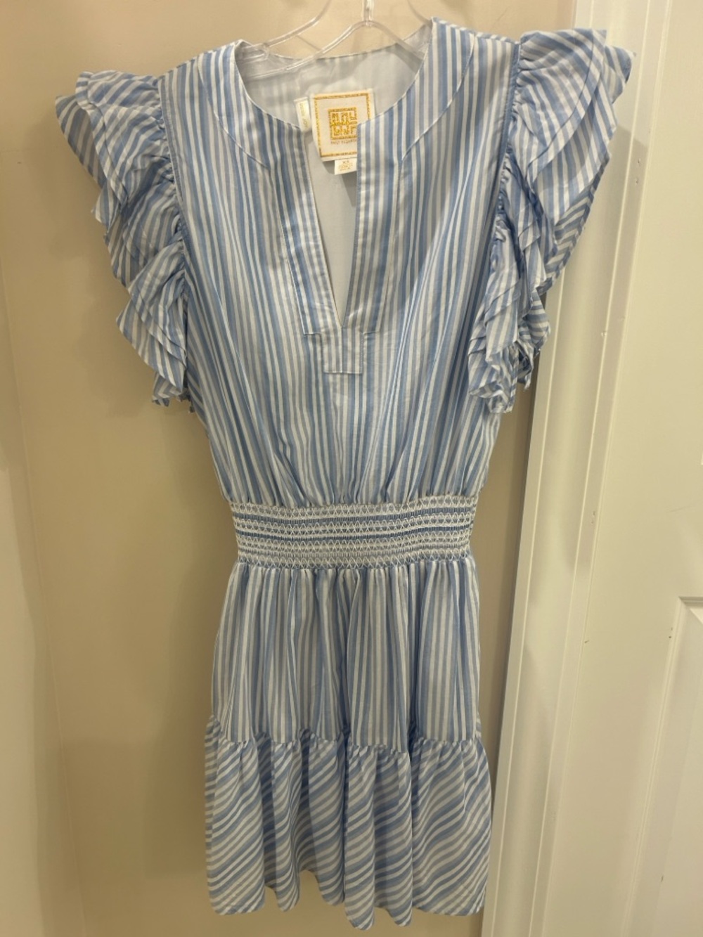Emily McCarthy Maggie Dress- Blue & White Striped smocked waist mini dress